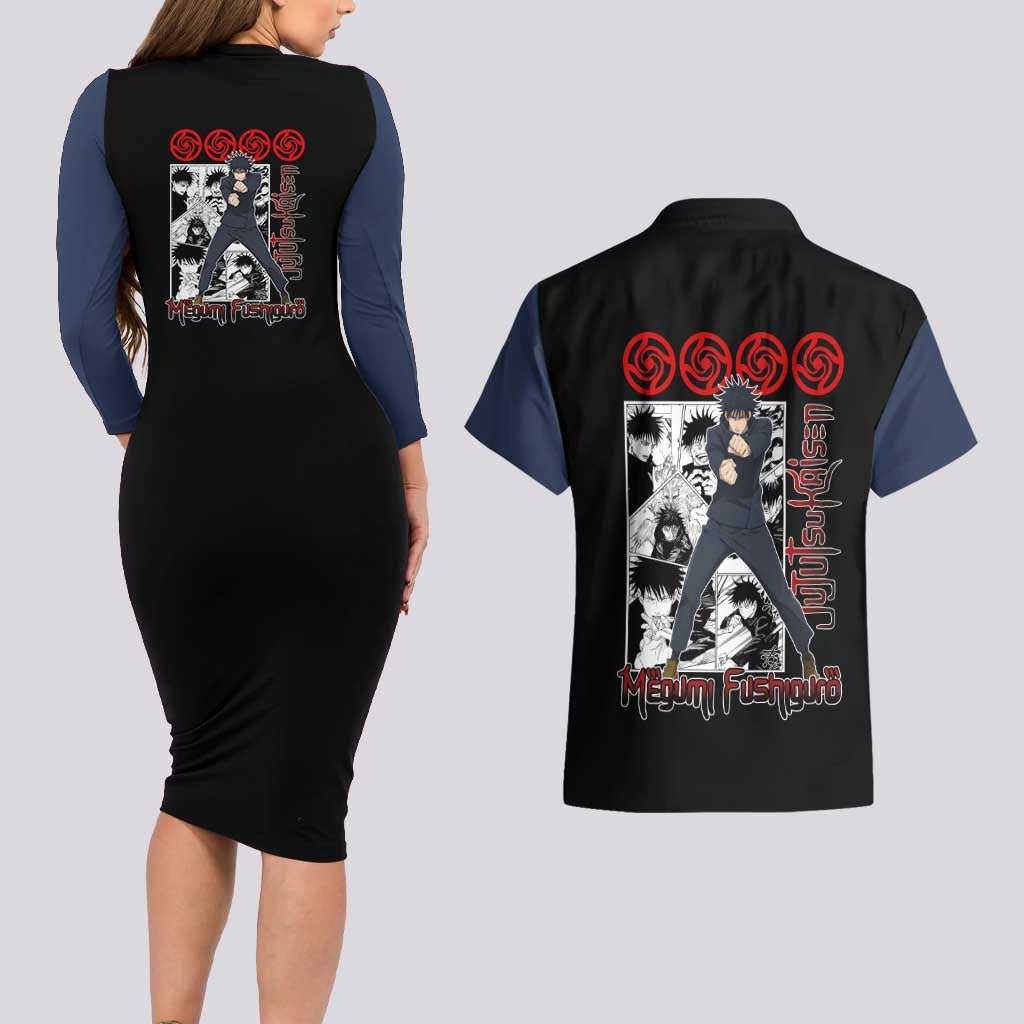 Megumi Fushiguro - Jujutsu Kaisen Couples Matching Long Sleeve Bodycon Dress and Hawaiian Shirt Anime Mix Manga Style