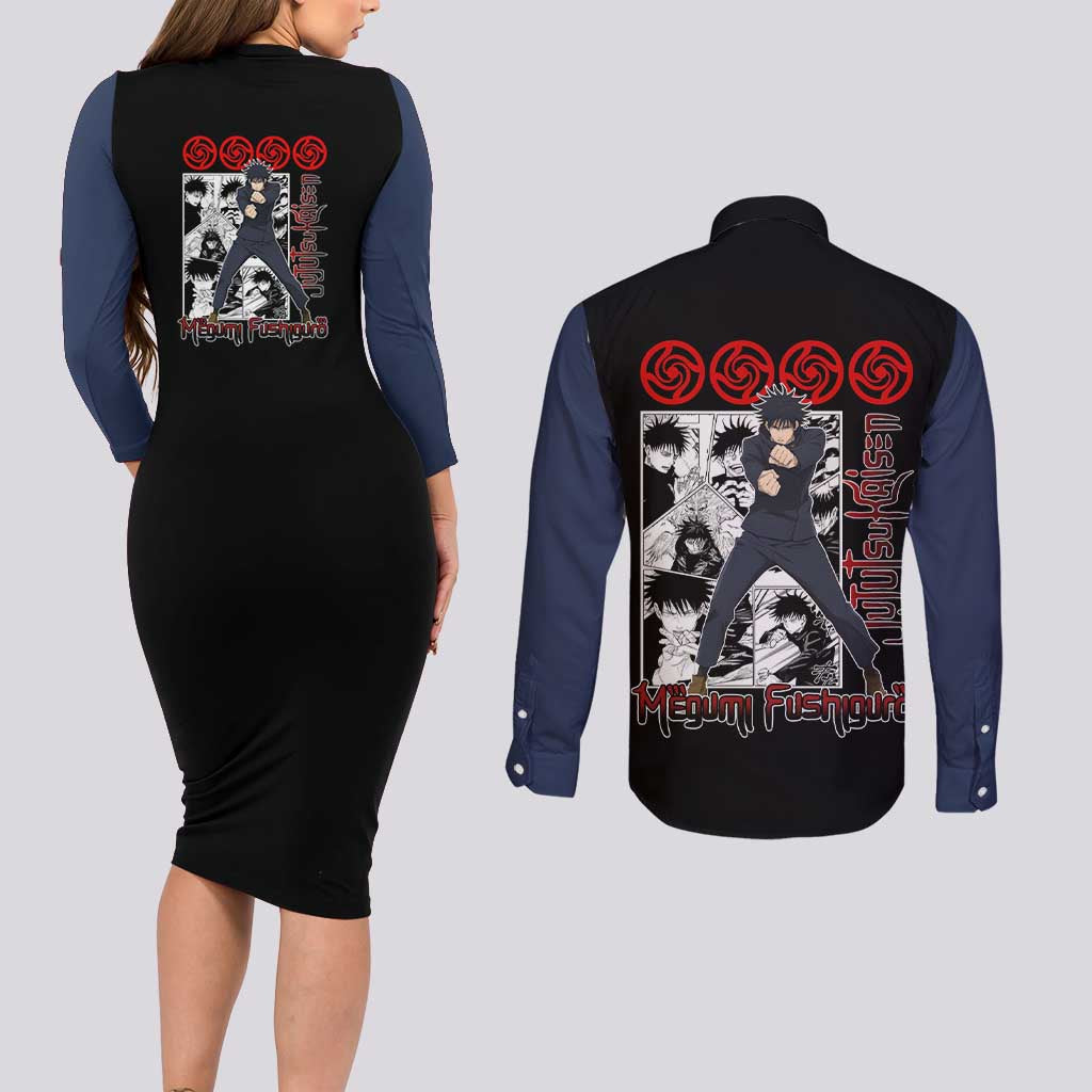 Megumi Fushiguro - Jujutsu Kaisen Couples Matching Long Sleeve Bodycon Dress and Long Sleeve Button Shirt Anime Mix Manga Style
