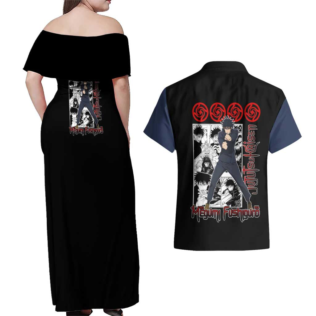 Megumi Fushiguro - Jujutsu Kaisen Couples Matching Off Shoulder Maxi Dress and Hawaiian Shirt Anime Mix Manga Style