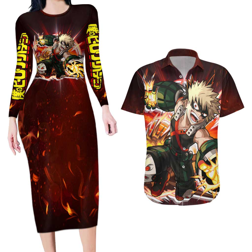 Blazing Bakugo My Hero Academia Couples Matching Long Sleeve Bodycon Dress and Hawaiian Shirt Anime Style