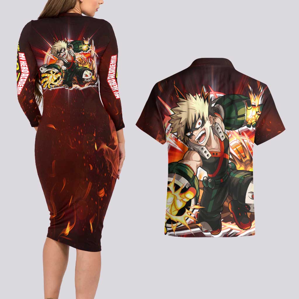Blazing Bakugo My Hero Academia Couples Matching Long Sleeve Bodycon Dress and Hawaiian Shirt Anime Style