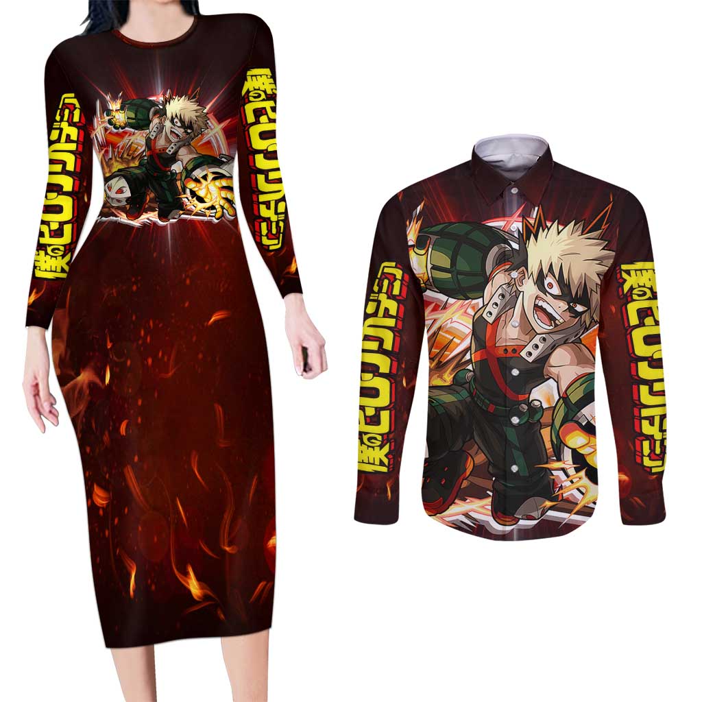Blazing Bakugo My Hero Academia Couples Matching Long Sleeve Bodycon Dress and Long Sleeve Button Shirt Anime Style