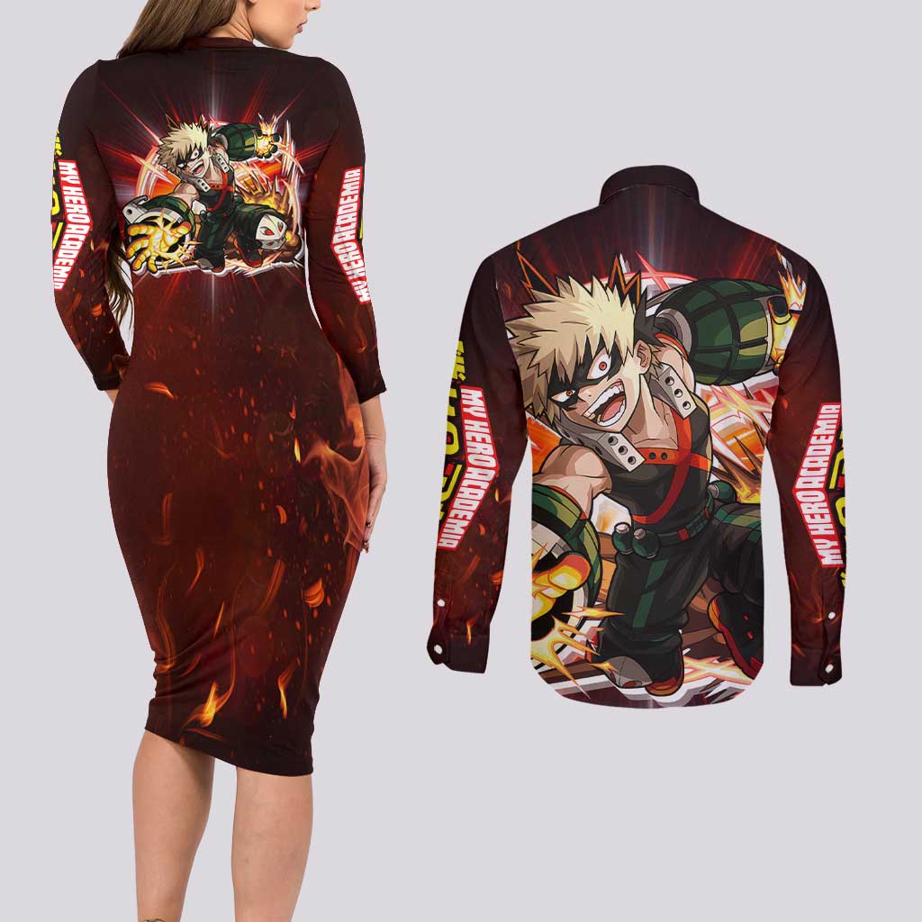 Blazing Bakugo My Hero Academia Couples Matching Long Sleeve Bodycon Dress and Long Sleeve Button Shirt Anime Style