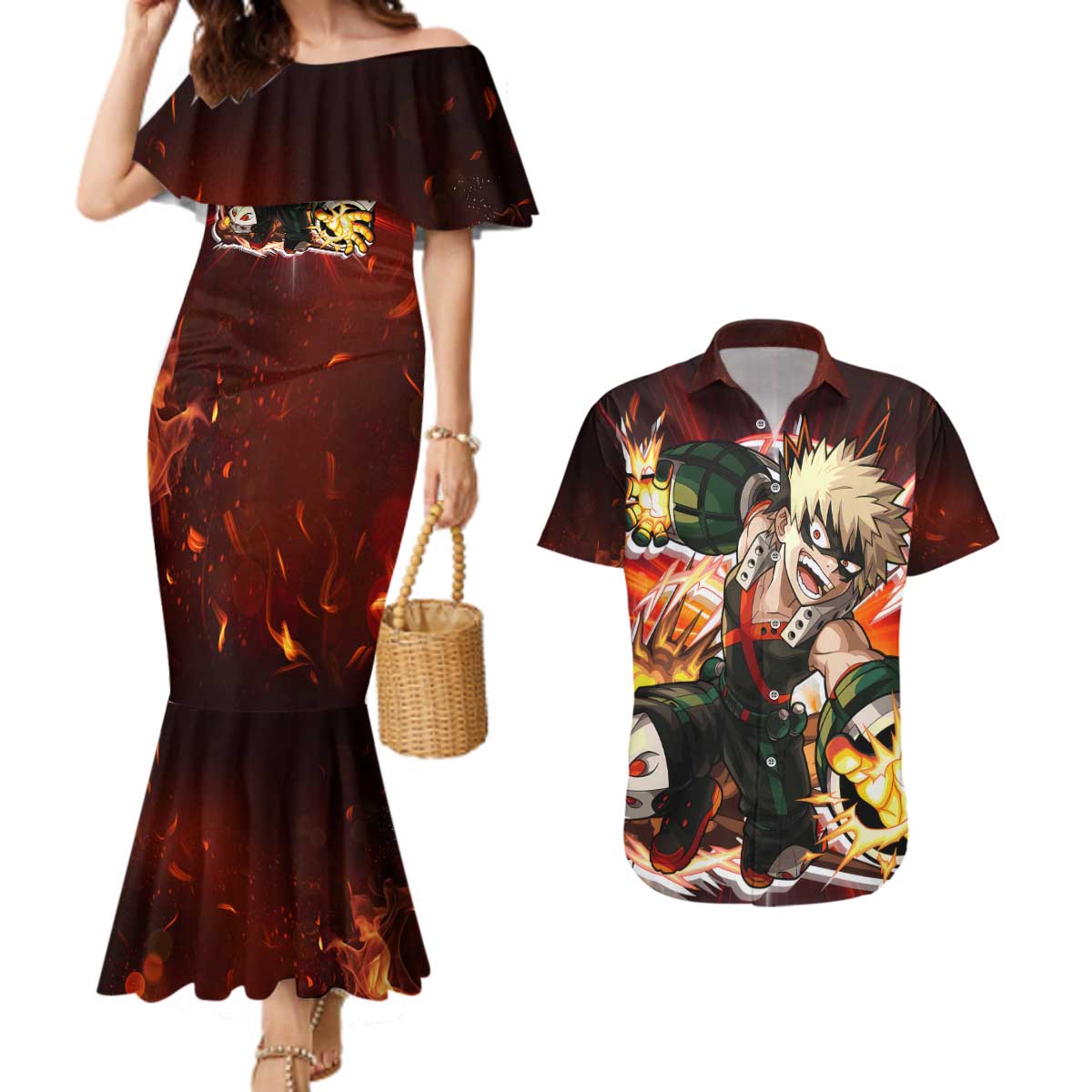 Blazing Bakugo My Hero Academia Couples Matching Mermaid Dress and Hawaiian Shirt Anime Style