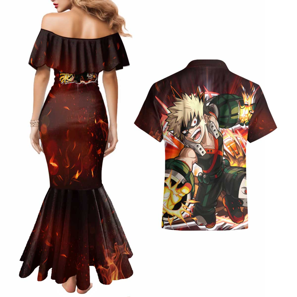Blazing Bakugo My Hero Academia Couples Matching Mermaid Dress and Hawaiian Shirt Anime Style