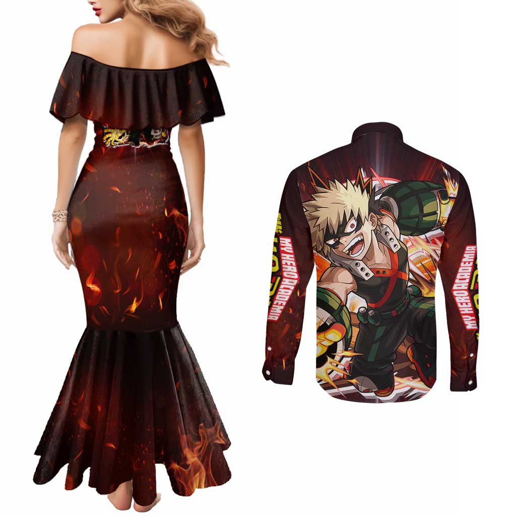 Blazing Bakugo My Hero Academia Couples Matching Mermaid Dress and Long Sleeve Button Shirt Anime Style