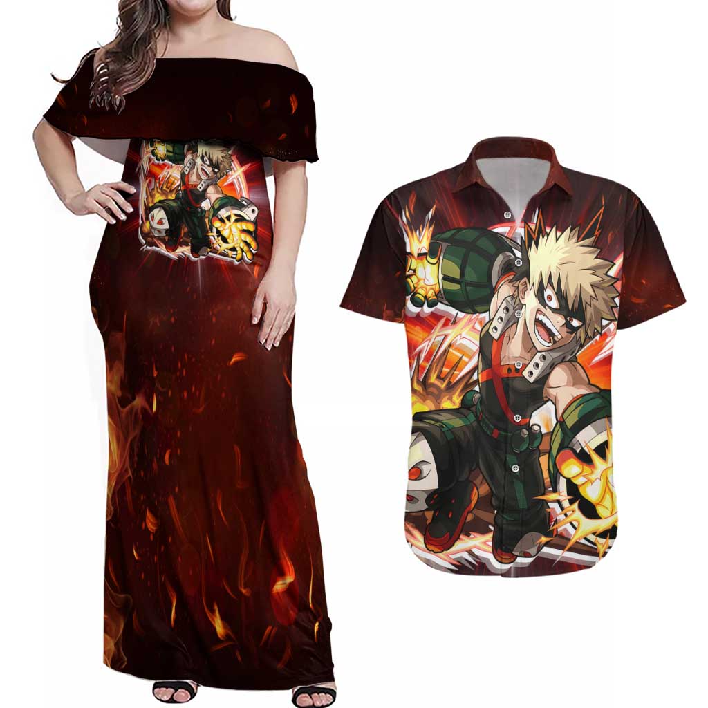 Blazing Bakugo My Hero Academia Couples Matching Off Shoulder Maxi Dress and Hawaiian Shirt Anime Style