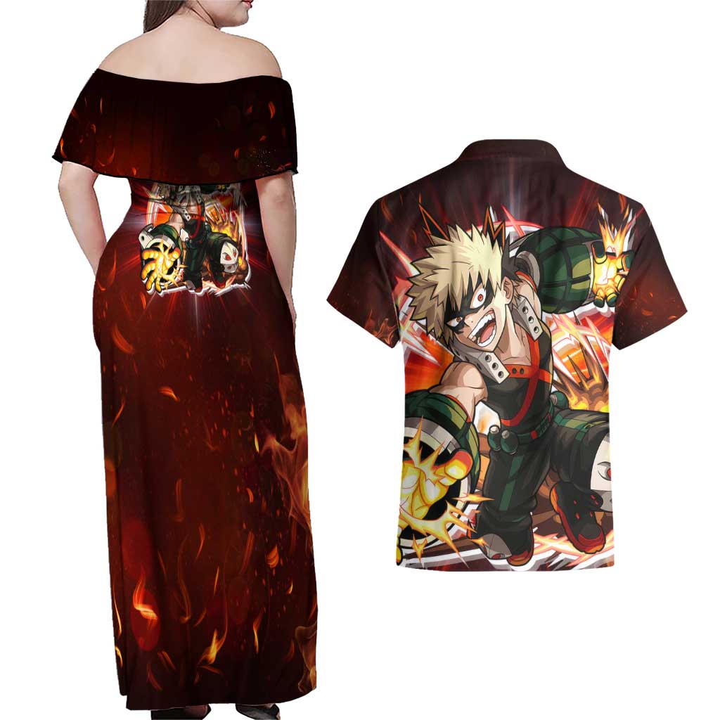 Blazing Bakugo My Hero Academia Couples Matching Off Shoulder Maxi Dress and Hawaiian Shirt Anime Style