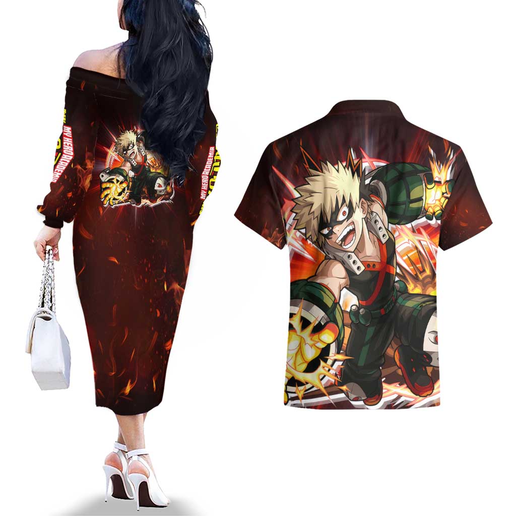 Blazing Bakugo My Hero Academia Couples Matching Off The Shoulder Long Sleeve Dress and Hawaiian Shirt Anime Style