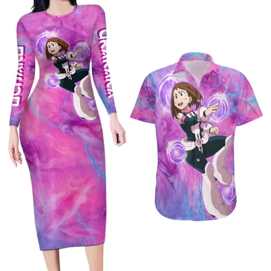 Trippy Uraraka Ochako My Hero Academia Couples Matching Long Sleeve Bodycon Dress and Hawaiian Shirt Anime Mix Tie Dye Style