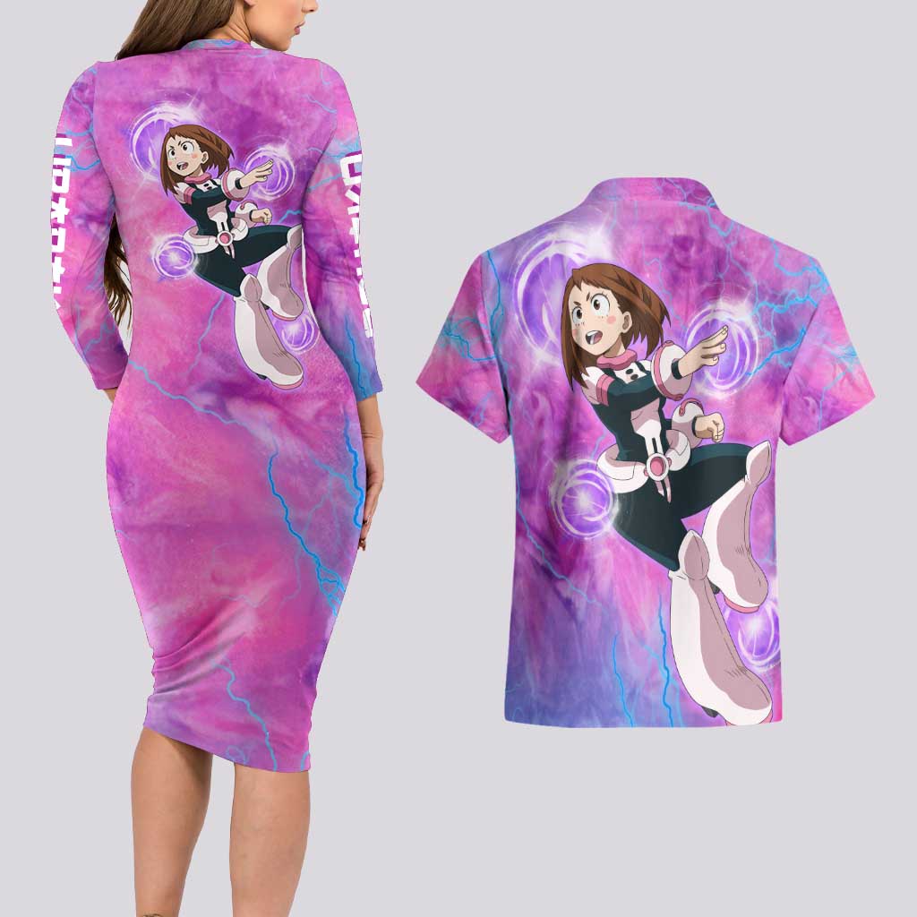 Trippy Uraraka Ochako My Hero Academia Couples Matching Long Sleeve Bodycon Dress and Hawaiian Shirt Anime Mix Tie Dye Style
