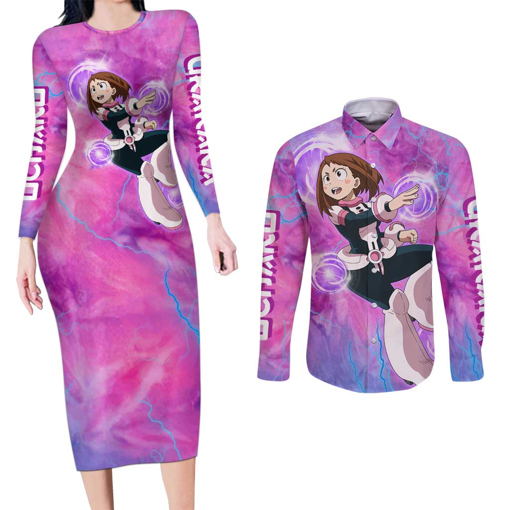 Trippy Uraraka Ochako My Hero Academia Couples Matching Long Sleeve Bodycon Dress and Long Sleeve Button Shirt Anime Mix Tie Dye Style