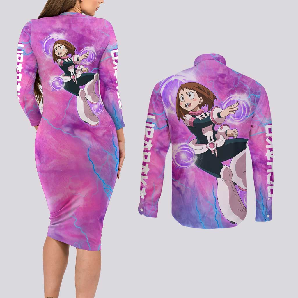 Trippy Uraraka Ochako My Hero Academia Couples Matching Long Sleeve Bodycon Dress and Long Sleeve Button Shirt Anime Mix Tie Dye Style