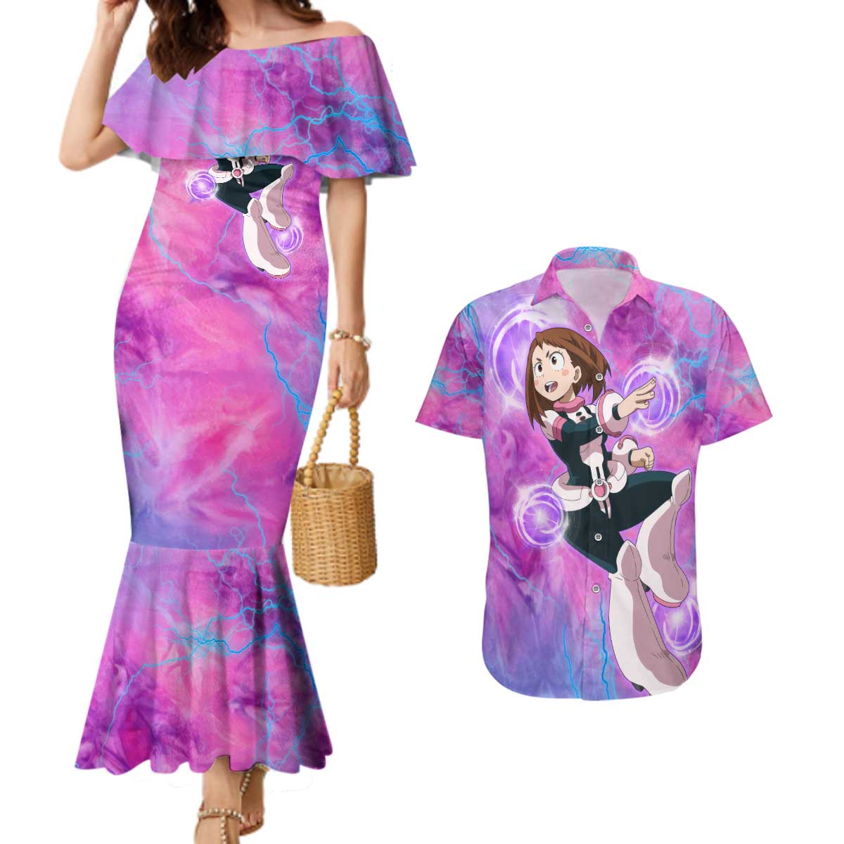 Trippy Uraraka Ochako My Hero Academia Couples Matching Mermaid Dress and Hawaiian Shirt Anime Mix Tie Dye Style