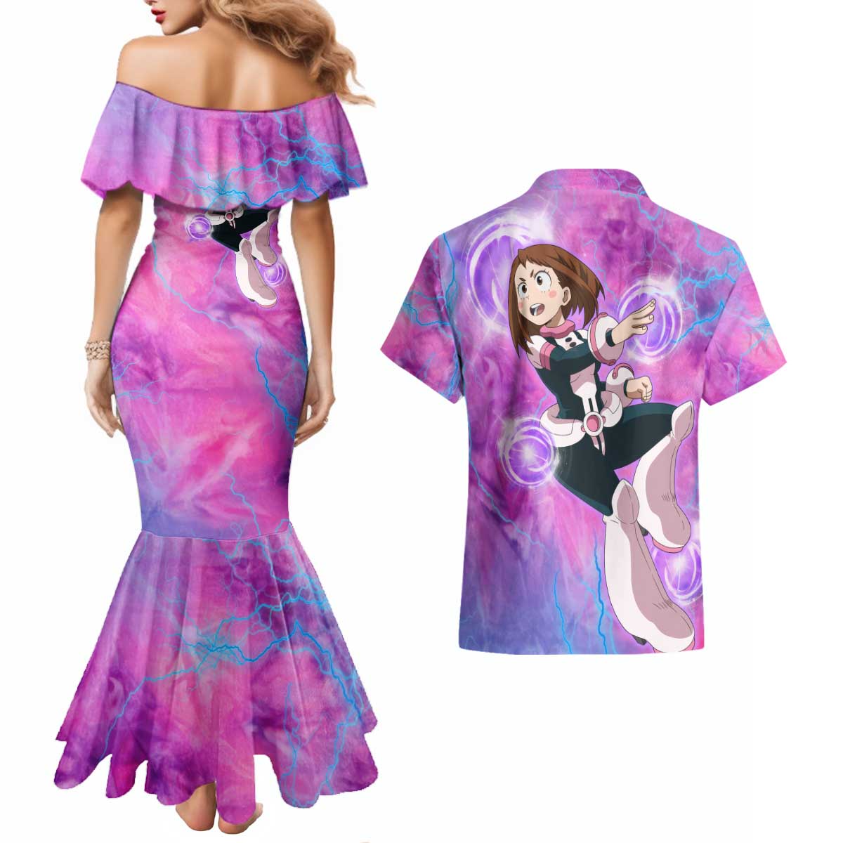 Trippy Uraraka Ochako My Hero Academia Couples Matching Mermaid Dress and Hawaiian Shirt Anime Mix Tie Dye Style