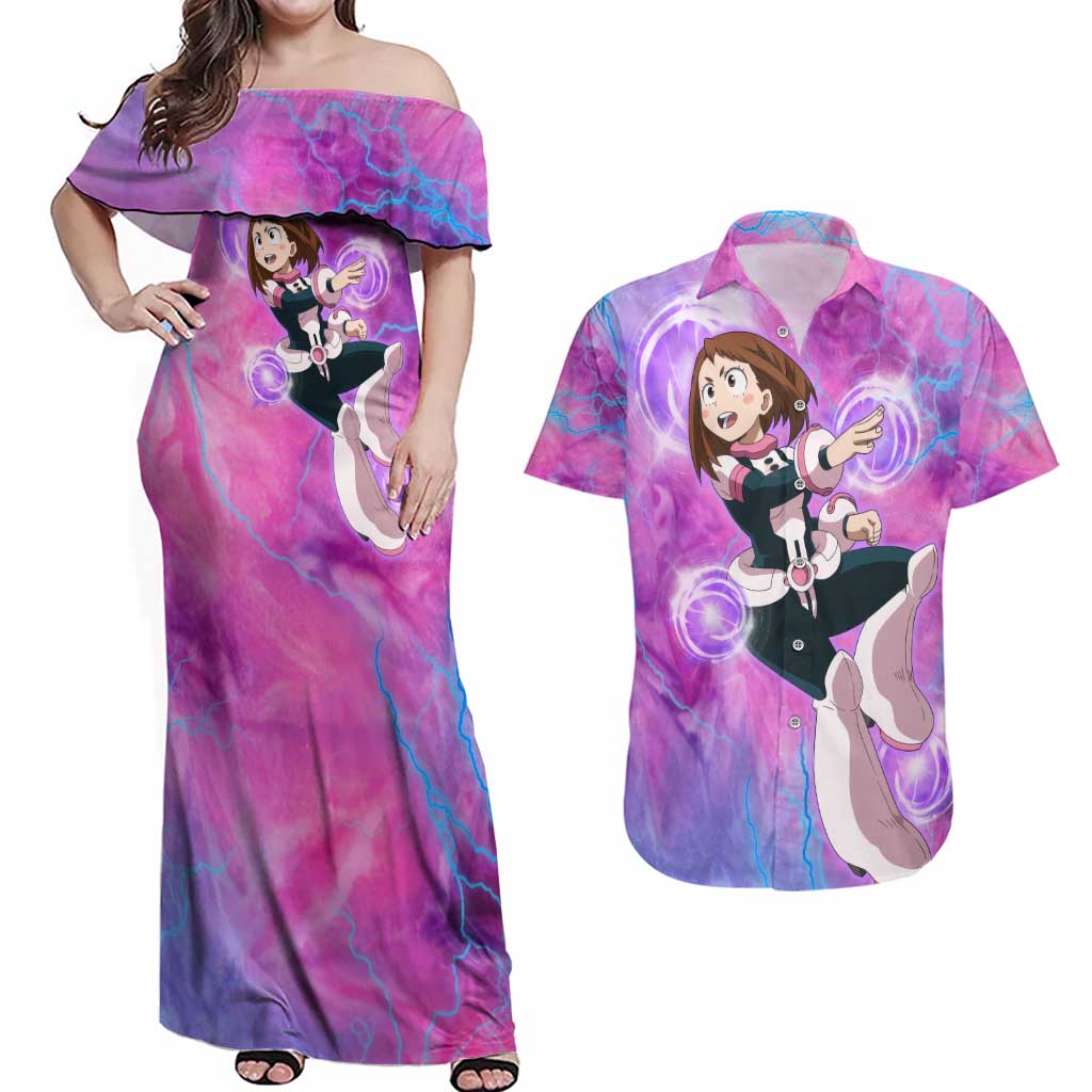Trippy Uraraka Ochako My Hero Academia Couples Matching Off Shoulder Maxi Dress and Hawaiian Shirt Anime Mix Tie Dye Style