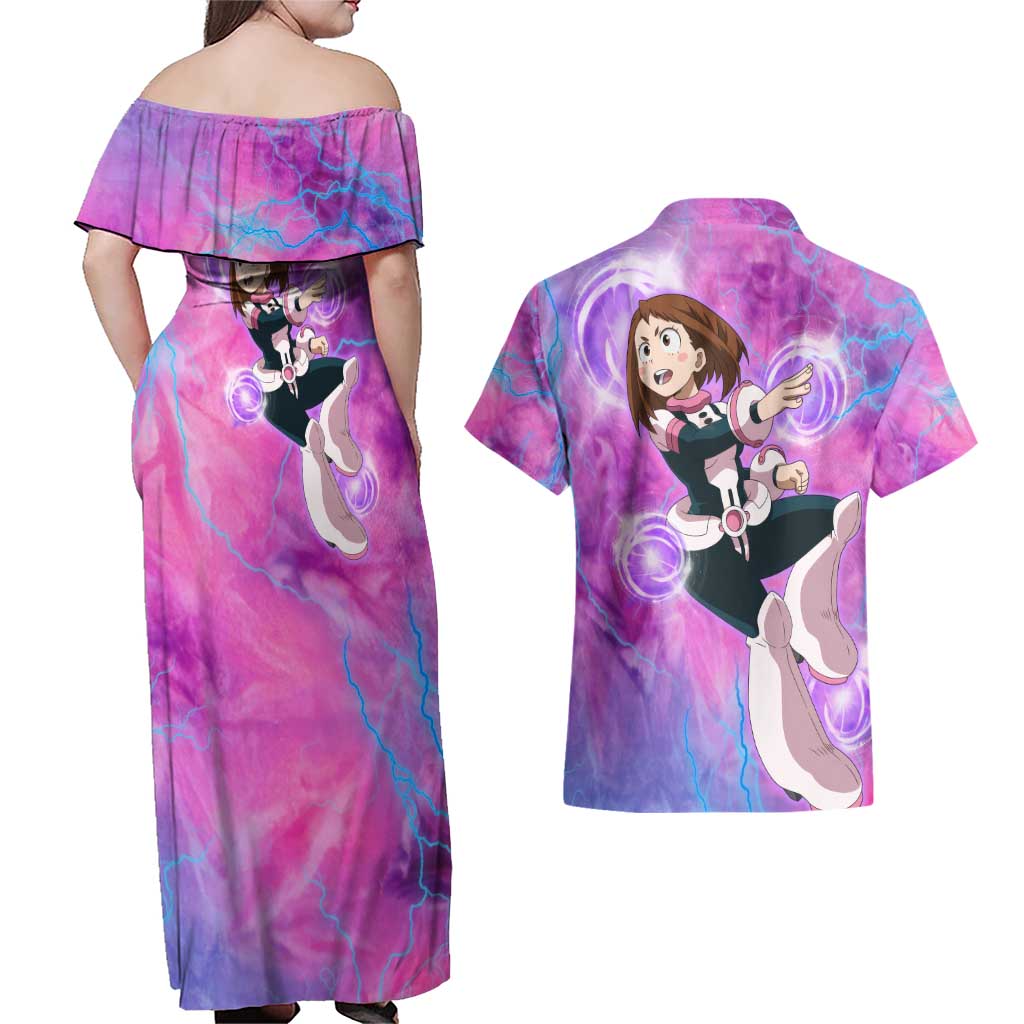 Trippy Uraraka Ochako My Hero Academia Couples Matching Off Shoulder Maxi Dress and Hawaiian Shirt Anime Mix Tie Dye Style