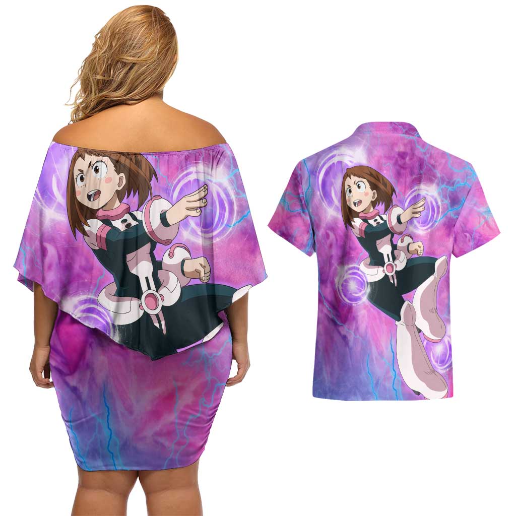 Trippy Uraraka Ochako My Hero Academia Couples Matching Off Shoulder Short Dress and Hawaiian Shirt Anime Mix Tie Dye Style