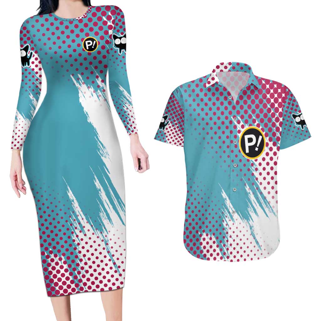 Neon FLCL Couples Matching Long Sleeve Bodycon Dress and Hawaiian Shirt Anime Style