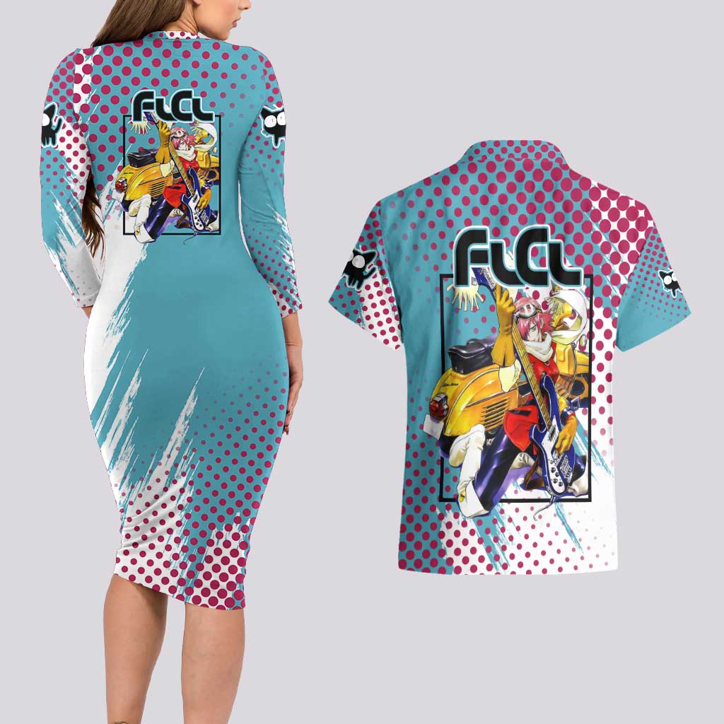 Neon FLCL Couples Matching Long Sleeve Bodycon Dress and Hawaiian Shirt Anime Style