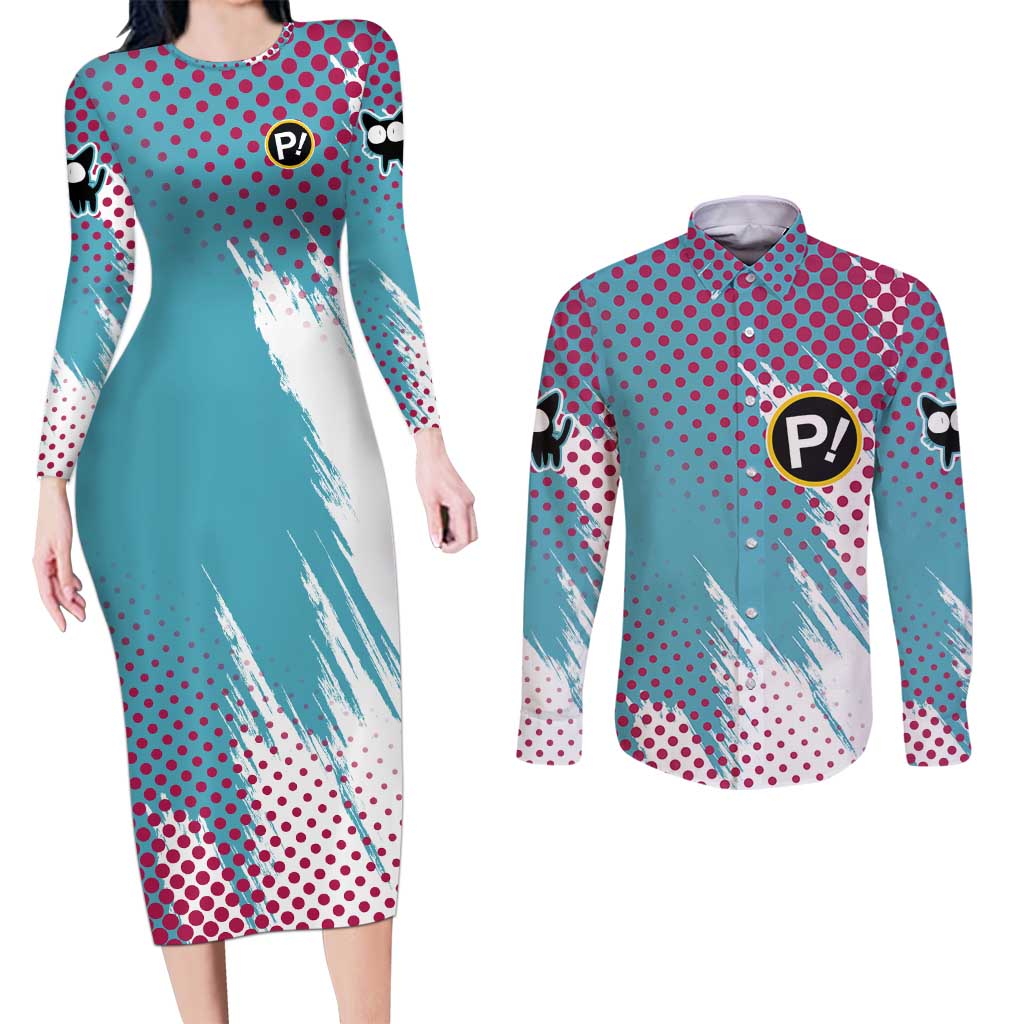 Neon FLCL Couples Matching Long Sleeve Bodycon Dress and Long Sleeve Button Shirt Anime Style