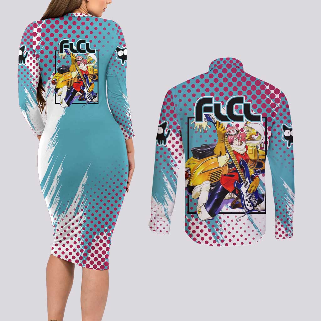 Neon FLCL Couples Matching Long Sleeve Bodycon Dress and Long Sleeve Button Shirt Anime Style