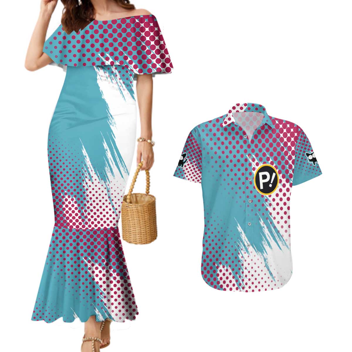 Neon FLCL Couples Matching Mermaid Dress and Hawaiian Shirt Anime Style