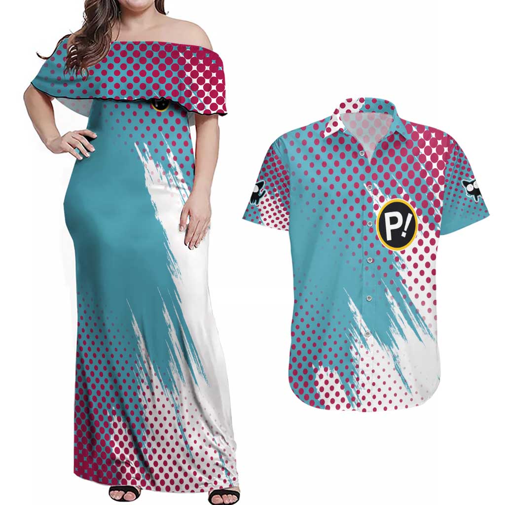 Neon FLCL Couples Matching Off Shoulder Maxi Dress and Hawaiian Shirt Anime Style
