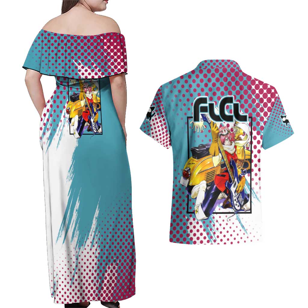 Neon FLCL Couples Matching Off Shoulder Maxi Dress and Hawaiian Shirt Anime Style