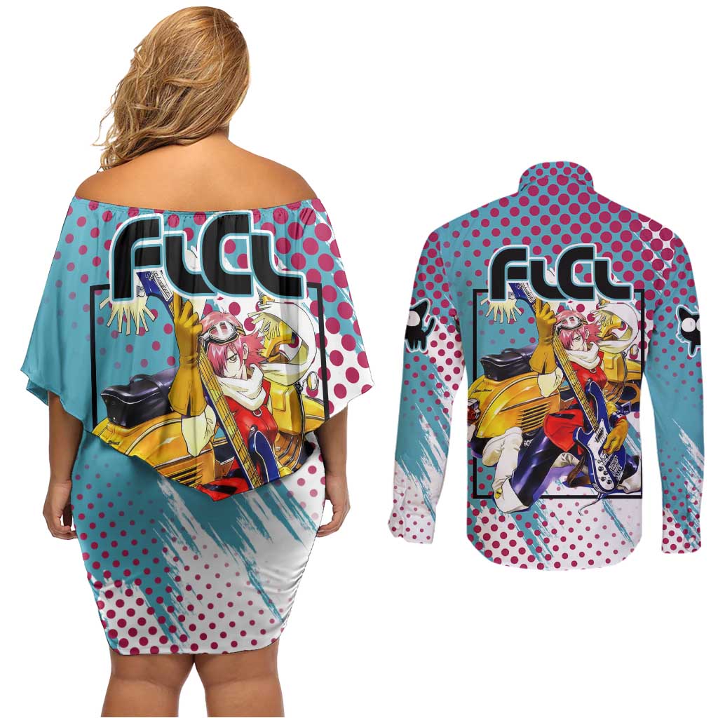 Neon FLCL Couples Matching Off Shoulder Short Dress and Long Sleeve Button Shirt Anime Style