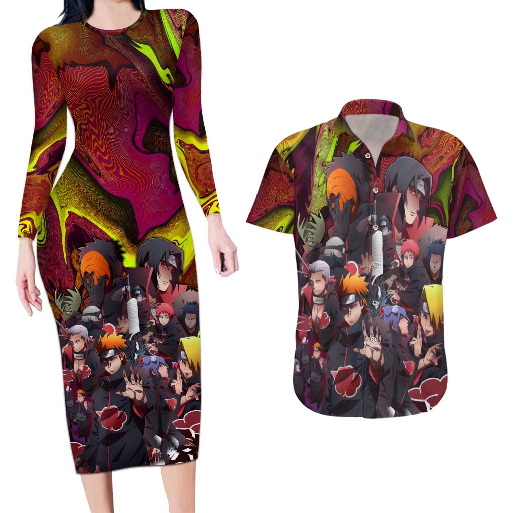 Naruto Neon Bond Akatsuki Couples Matching Long Sleeve Bodycon Dress and Hawaiian Shirt Anime Mix Trippy Style