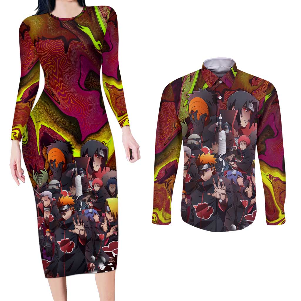 Naruto Neon Bond Akatsuki Couples Matching Long Sleeve Bodycon Dress and Long Sleeve Button Shirt Anime Mix Trippy Style