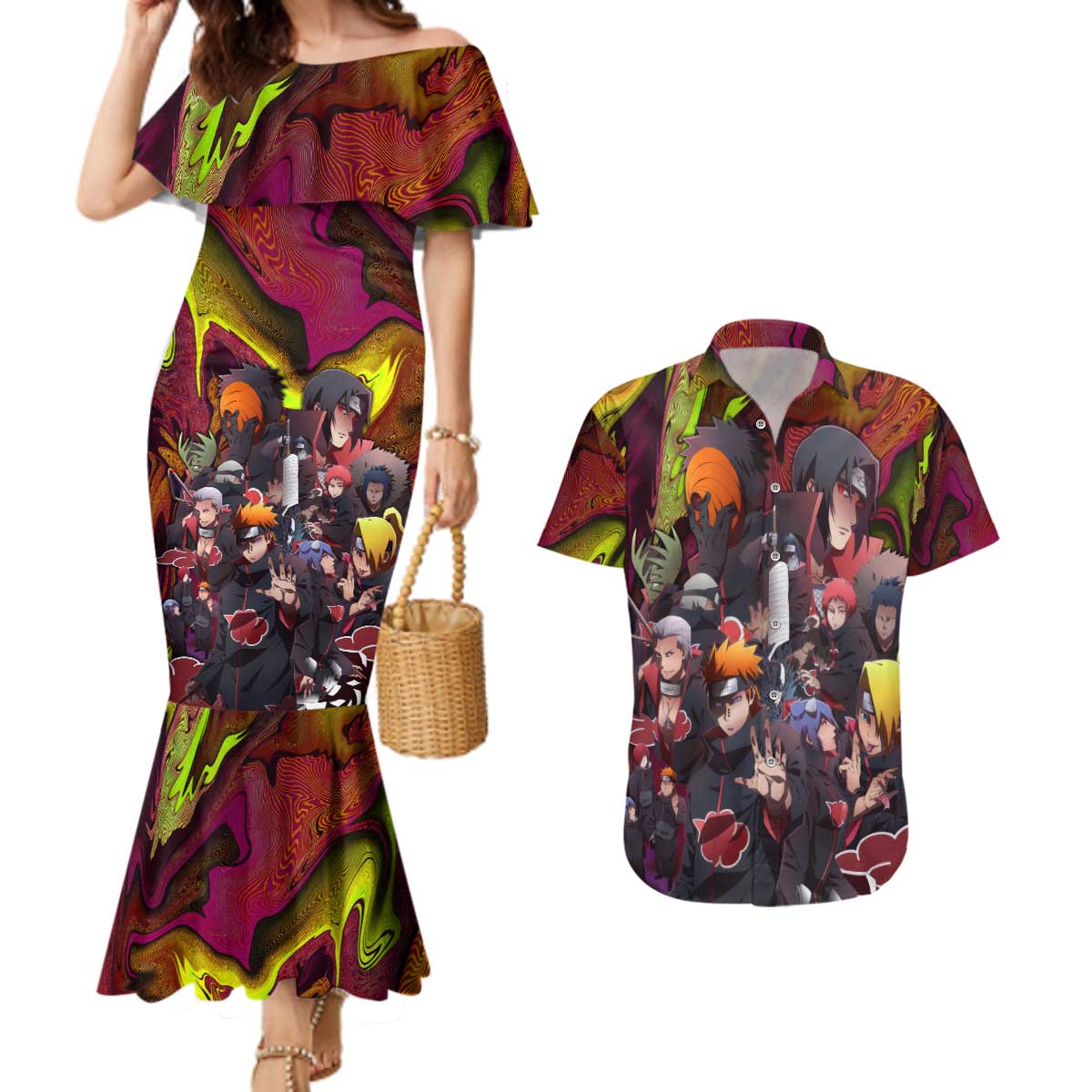 Naruto Neon Bond Akatsuki Couples Matching Mermaid Dress and Hawaiian Shirt Anime Mix Trippy Style