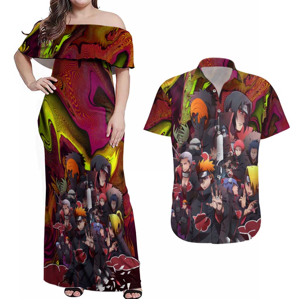 Naruto Neon Bond Akatsuki Couples Matching Off Shoulder Maxi Dress and Hawaiian Shirt Anime Mix Trippy Style
