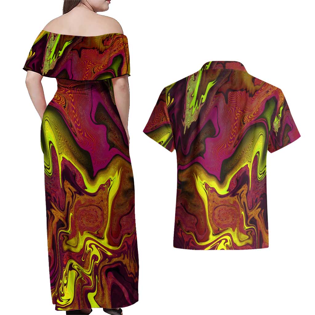 Naruto Neon Bond Akatsuki Couples Matching Off Shoulder Maxi Dress and Hawaiian Shirt Anime Mix Trippy Style