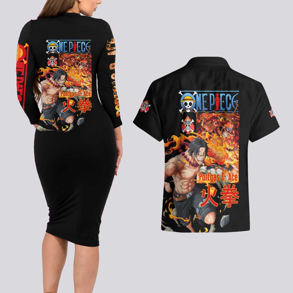 Portgas D. Ace V2 One Piece Couples Matching Long Sleeve Bodycon Dress and Hawaiian Shirt Anime Style