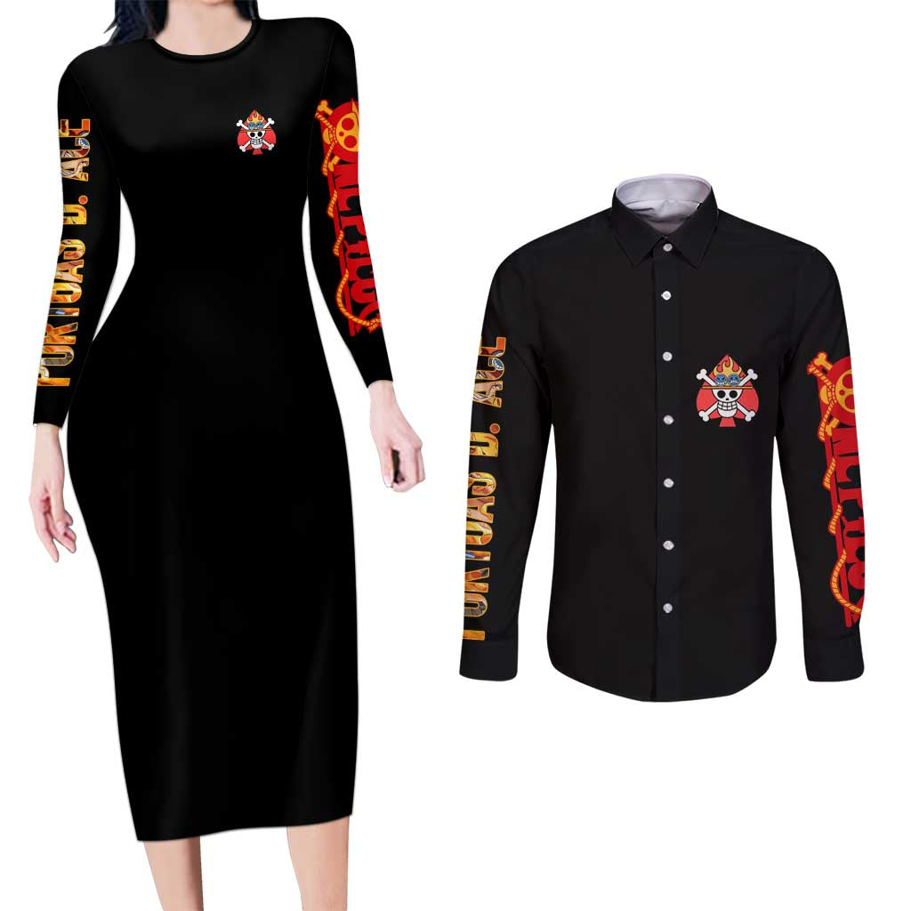 Portgas D. Ace V2 One Piece Couples Matching Long Sleeve Bodycon Dress and Long Sleeve Button Shirt Anime Style