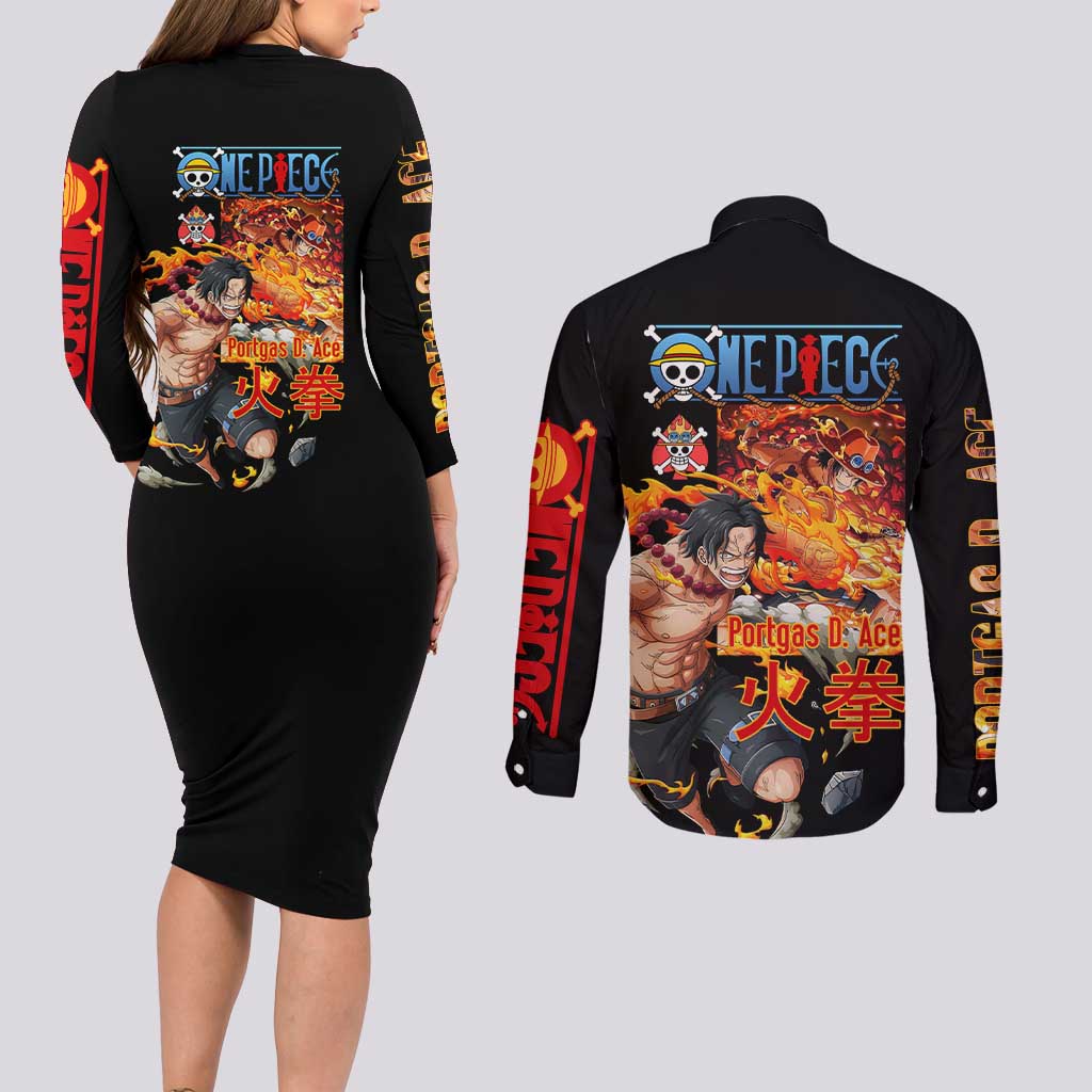 Portgas D. Ace V2 One Piece Couples Matching Long Sleeve Bodycon Dress and Long Sleeve Button Shirt Anime Style