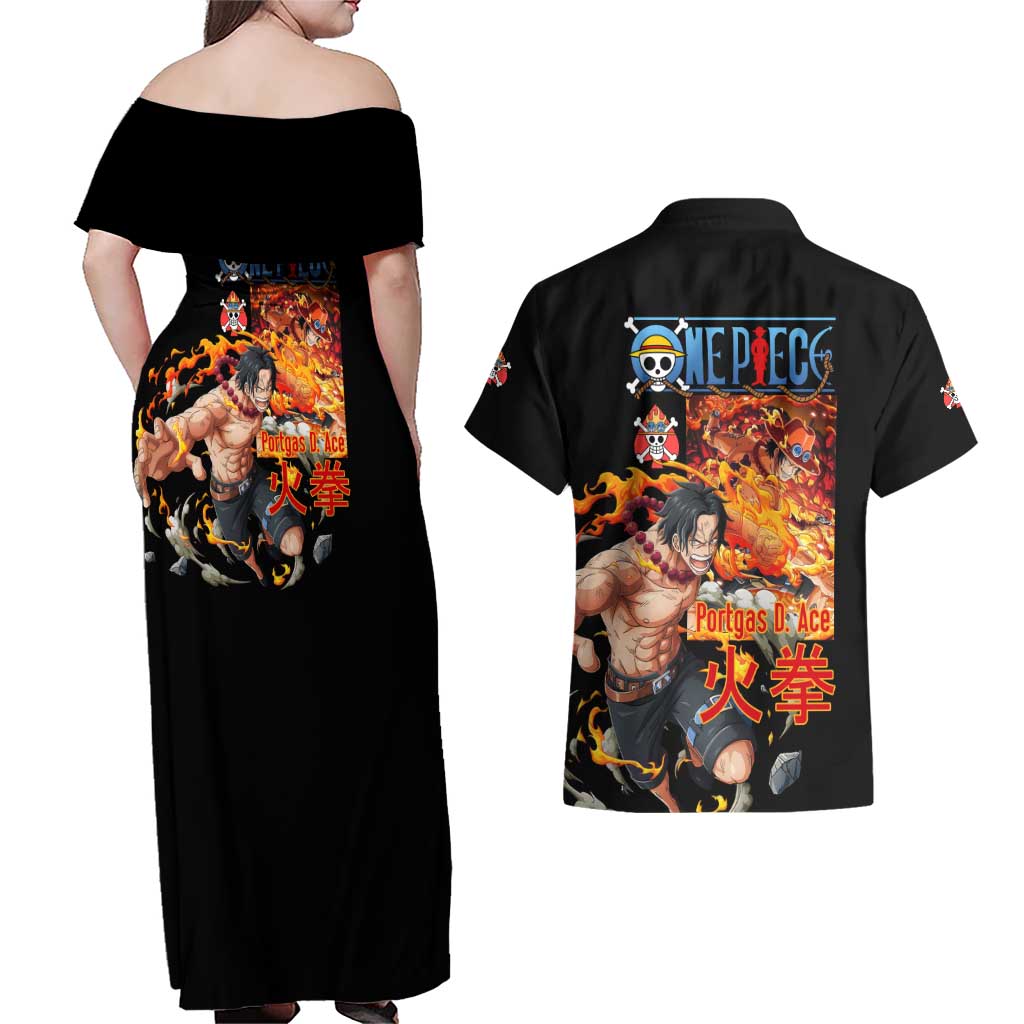Portgas D. Ace V2 One Piece Couples Matching Off Shoulder Maxi Dress and Hawaiian Shirt Anime Style