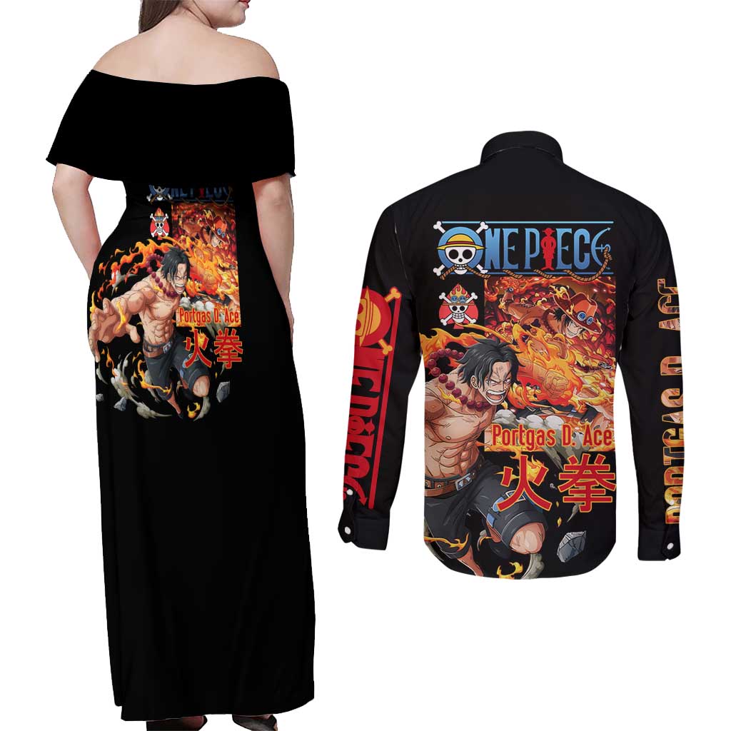 Portgas D. Ace V2 One Piece Couples Matching Off Shoulder Maxi Dress and Long Sleeve Button Shirt Anime Style