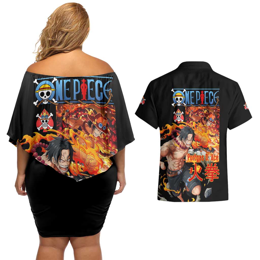 Portgas D. Ace V2 One Piece Couples Matching Off Shoulder Short Dress and Hawaiian Shirt Anime Style
