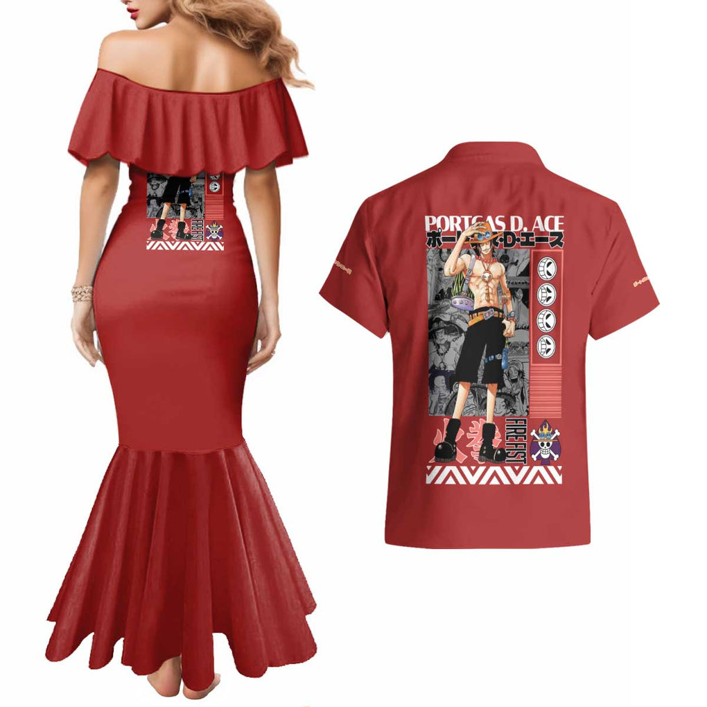 Fire Fist - Portgas D. Ace One Piece Couples Matching Mermaid Dress and Hawaiian Shirt Anime Style