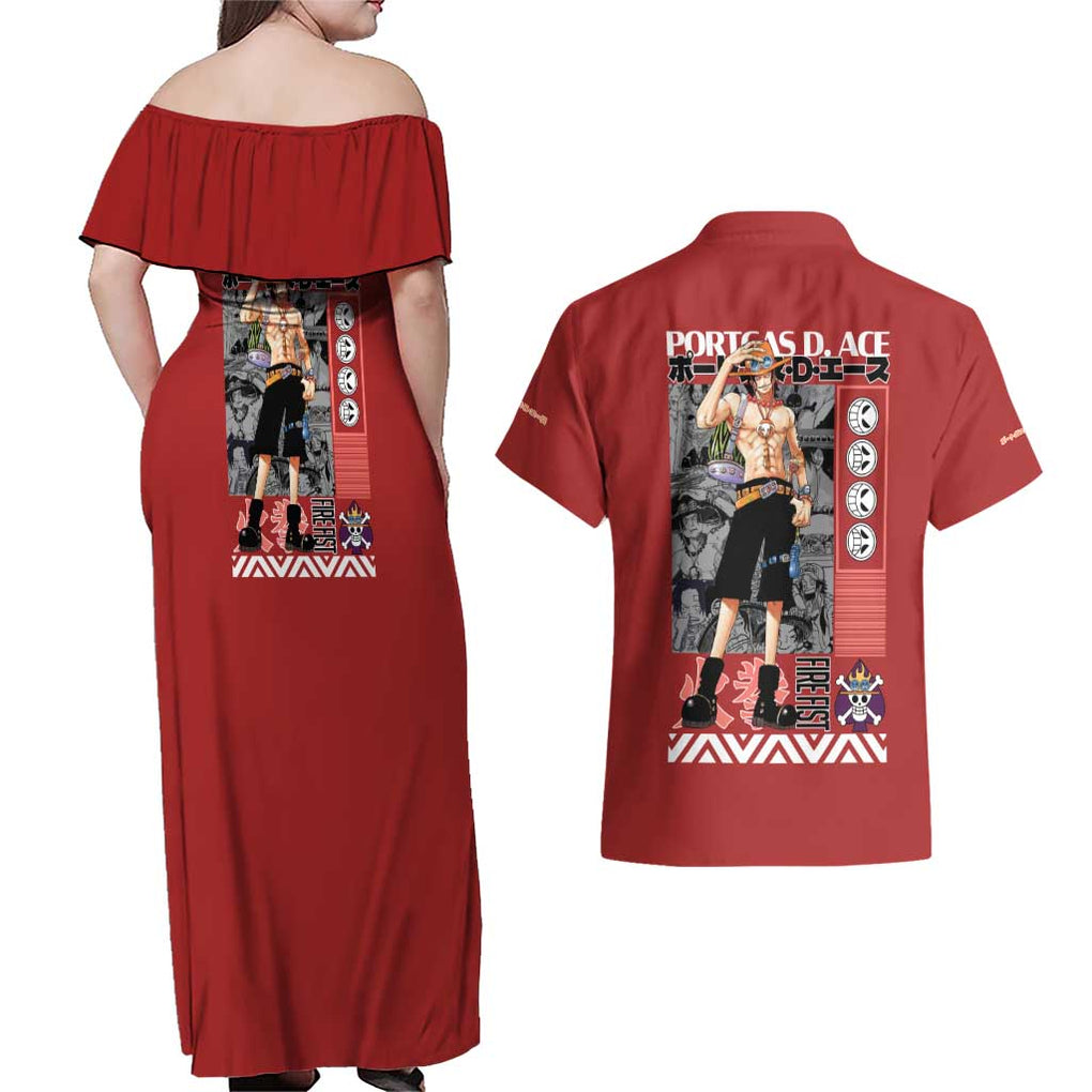 Fire Fist - Portgas D. Ace One Piece Couples Matching Off Shoulder Maxi Dress and Hawaiian Shirt Anime Style