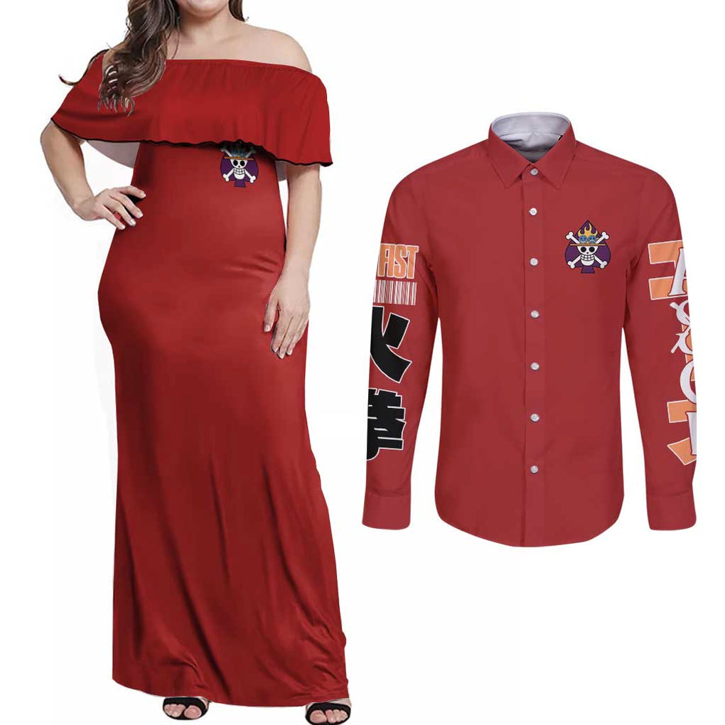 Fire Fist - Portgas D. Ace One Piece Couples Matching Off Shoulder Maxi Dress and Long Sleeve Button Shirt Anime Style