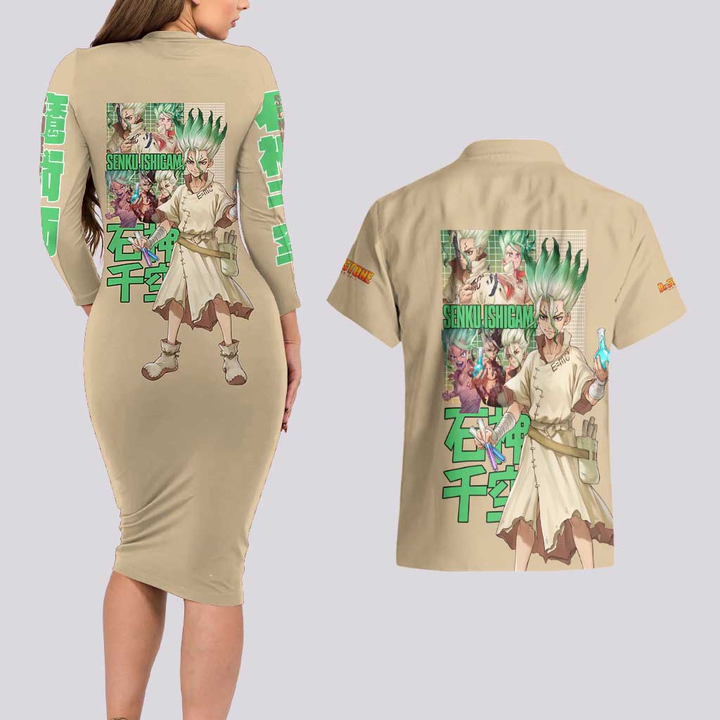 Senku Ishigami Dr. Stone Couples Matching Long Sleeve Bodycon Dress and Hawaiian Shirt Anime Style