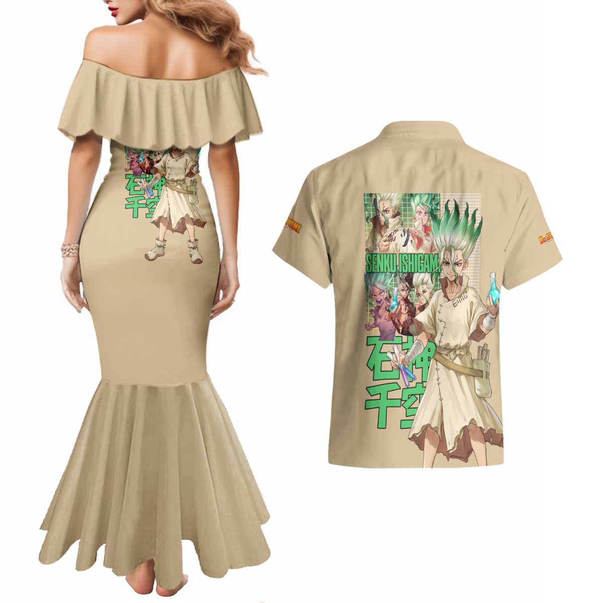 Senku Ishigami Dr. Stone Couples Matching Mermaid Dress and Hawaiian Shirt Anime Style