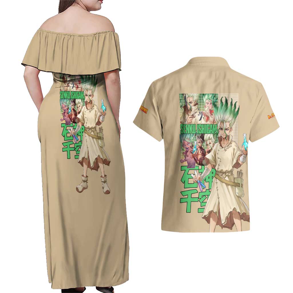 Senku Ishigami Dr. Stone Couples Matching Off Shoulder Maxi Dress and Hawaiian Shirt Anime Style