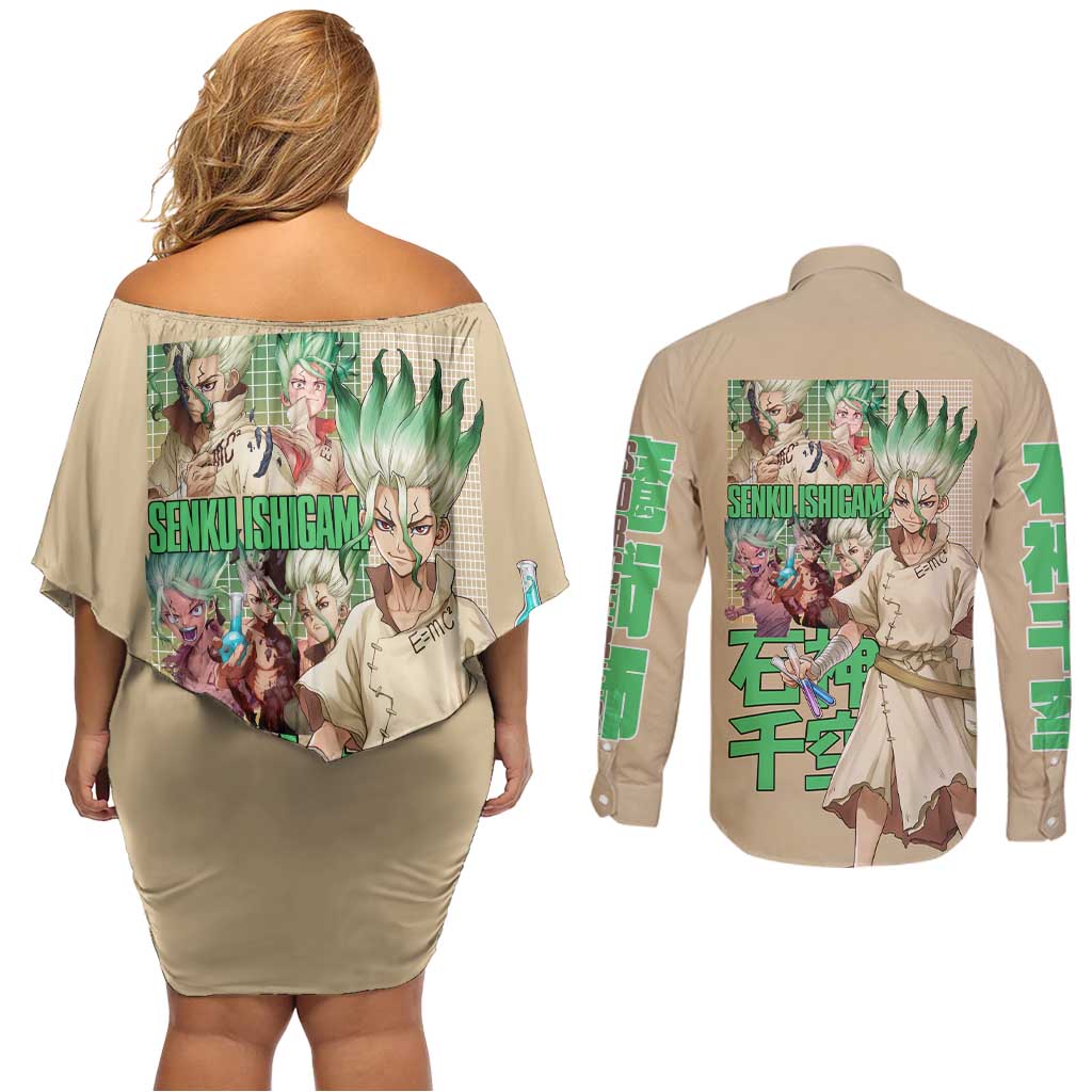 Senku Ishigami Dr. Stone Couples Matching Off Shoulder Short Dress and Long Sleeve Button Shirt Anime Style