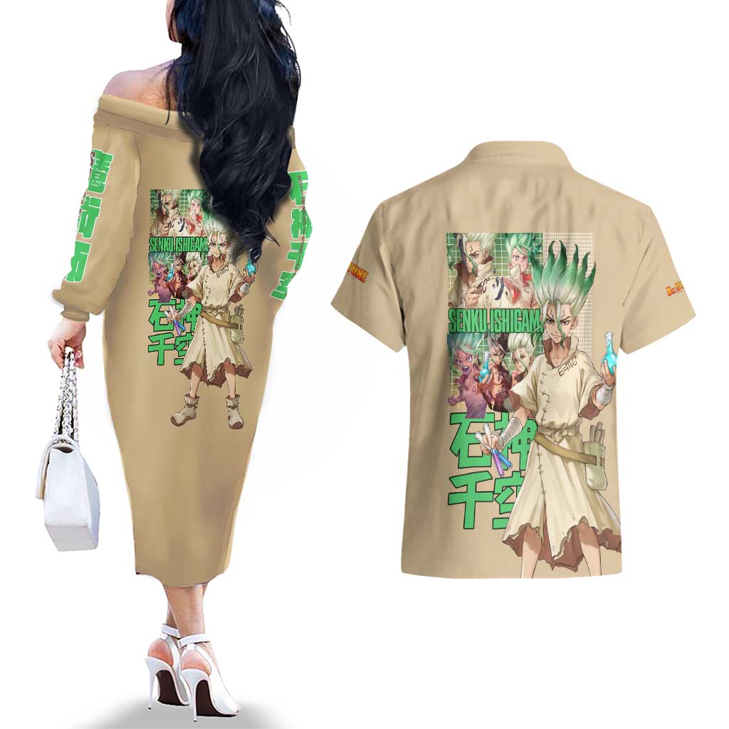 Senku Ishigami Dr. Stone Couples Matching Off The Shoulder Long Sleeve Dress and Hawaiian Shirt Anime Style