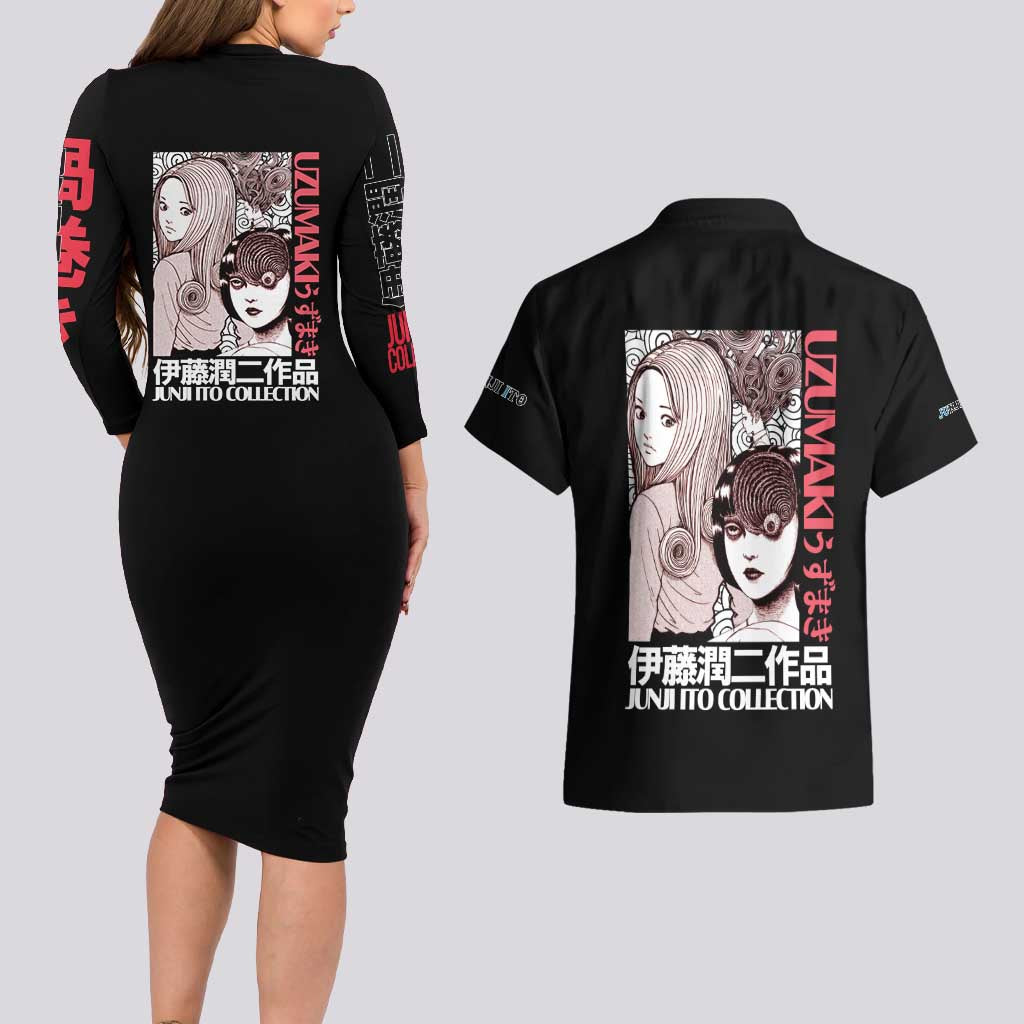 Uzumaki Junji Ito Collection Couples Matching Long Sleeve Bodycon Dress and Hawaiian Shirt Anime Style